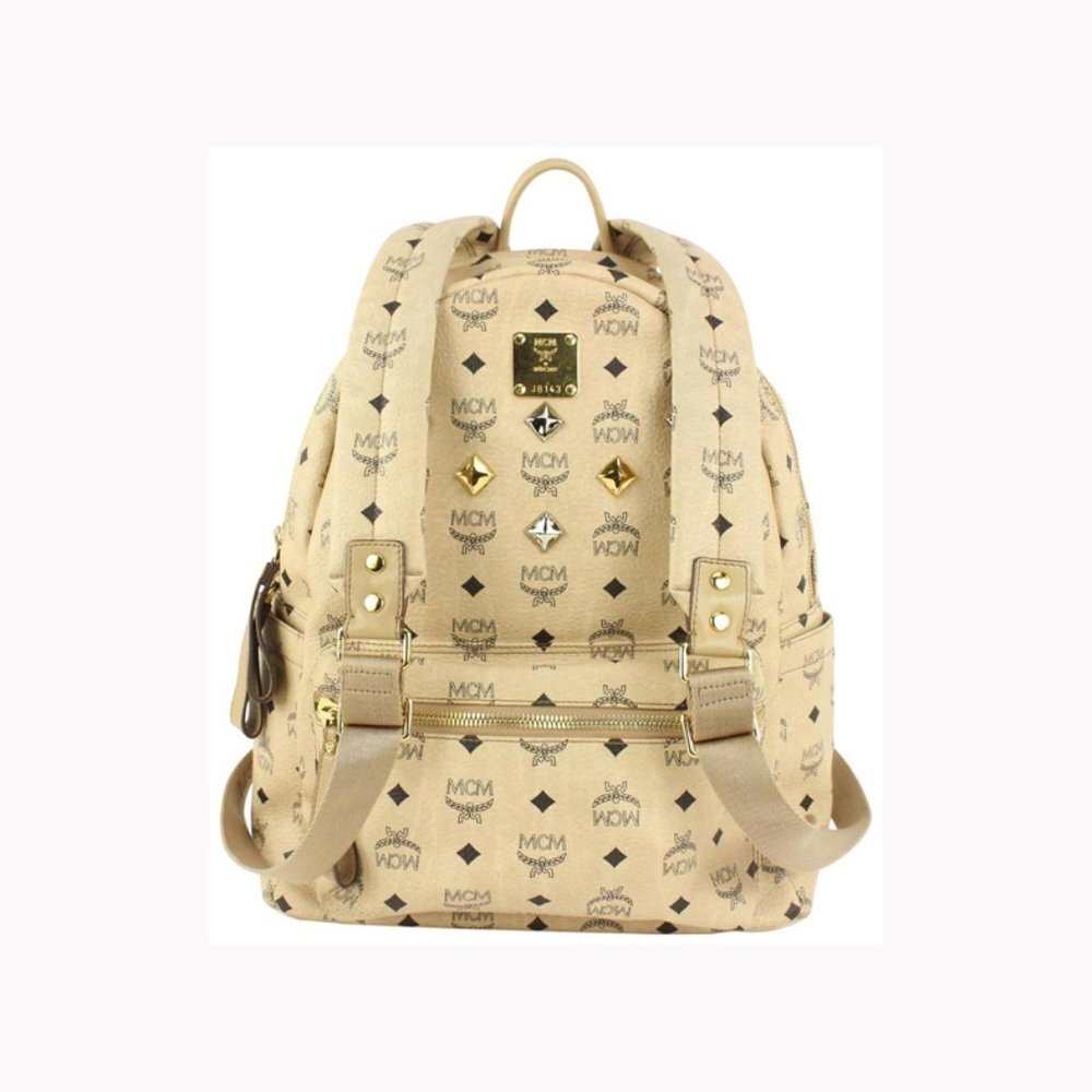 MCM Beige Monogram Visetos Logo Medium Studded Stark Backpack 921mcm73